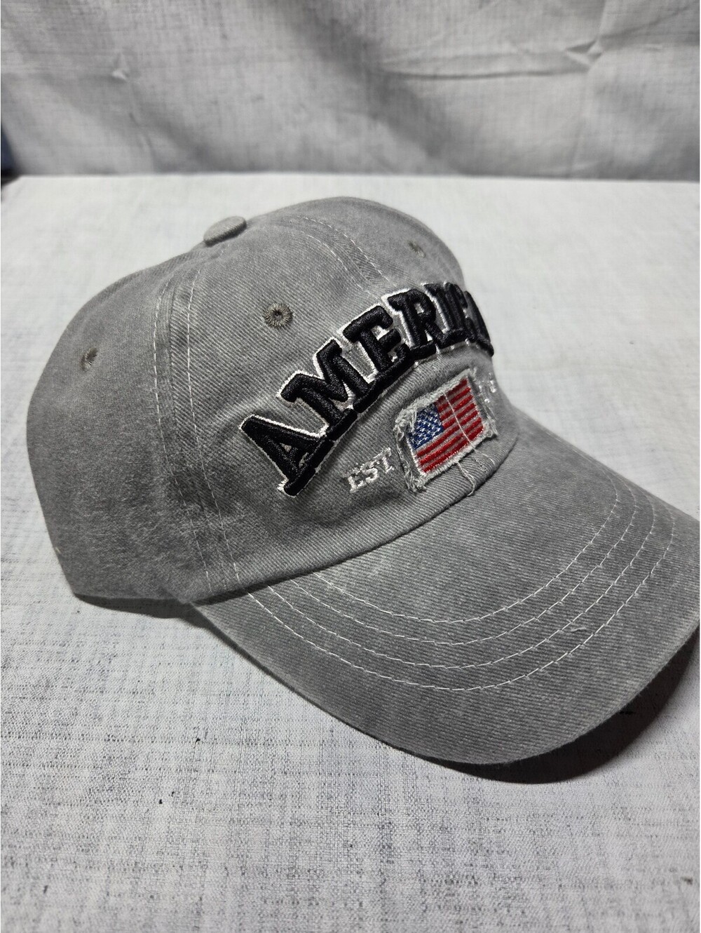 Vintage Style Gray Baseball Cap with America Embroidery and Flag Patch - Picture 4 of 4